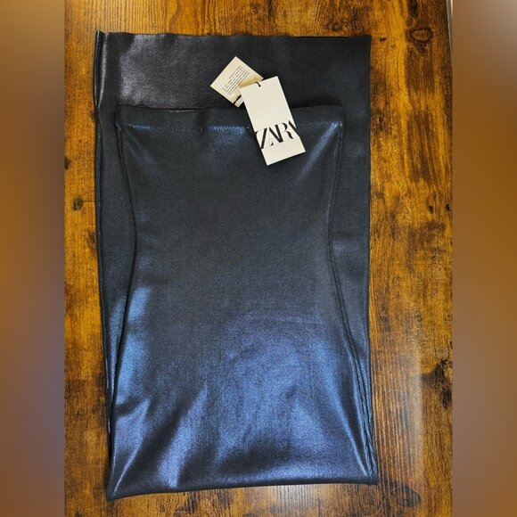 Zara Tube Dress Foil Knit Midi in Metallic Blue-Size Small NWT - Picture 9 of 12